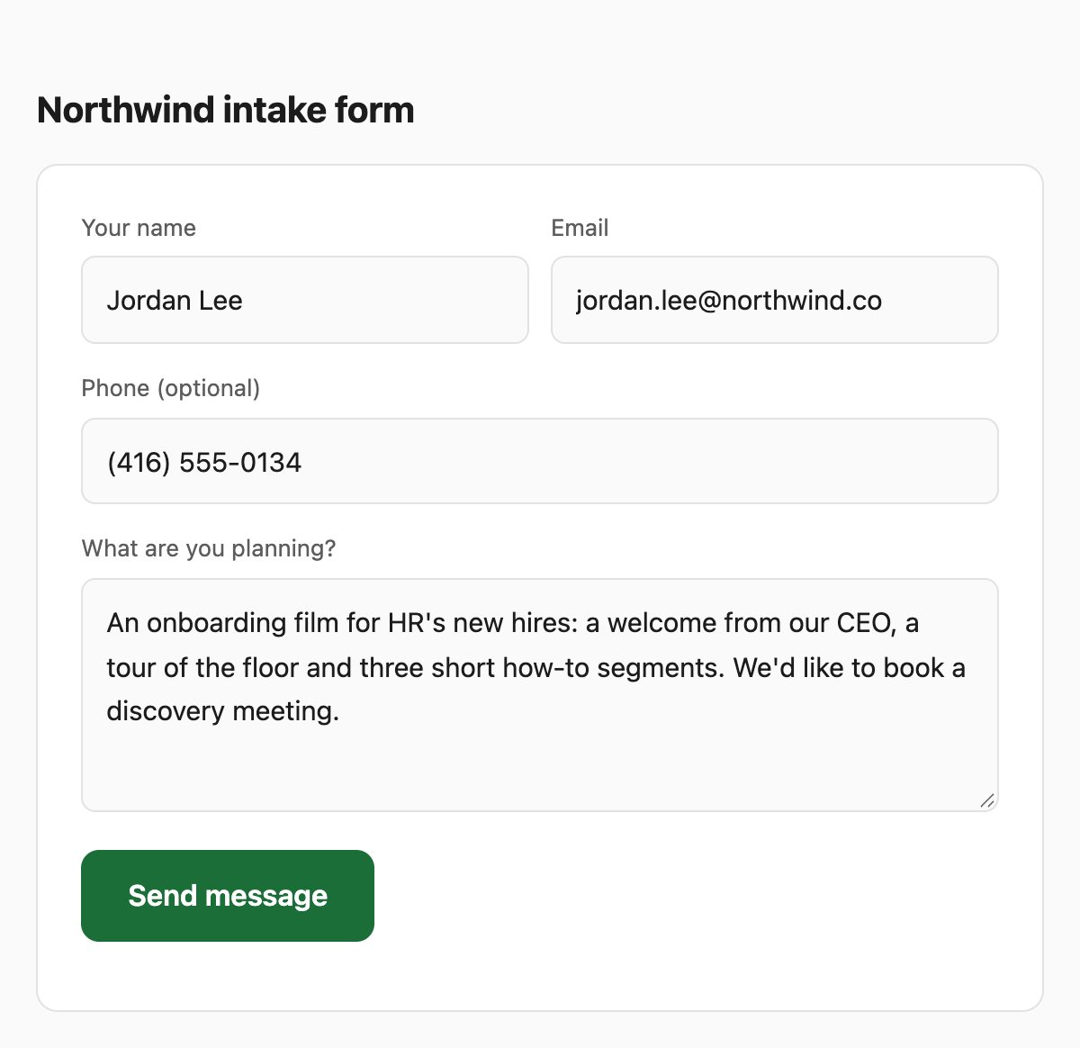 Northwind's intake form on the team's portfolio page, filled in: Jordan Lee from HR asks for an onboarding film and a discovery meeting