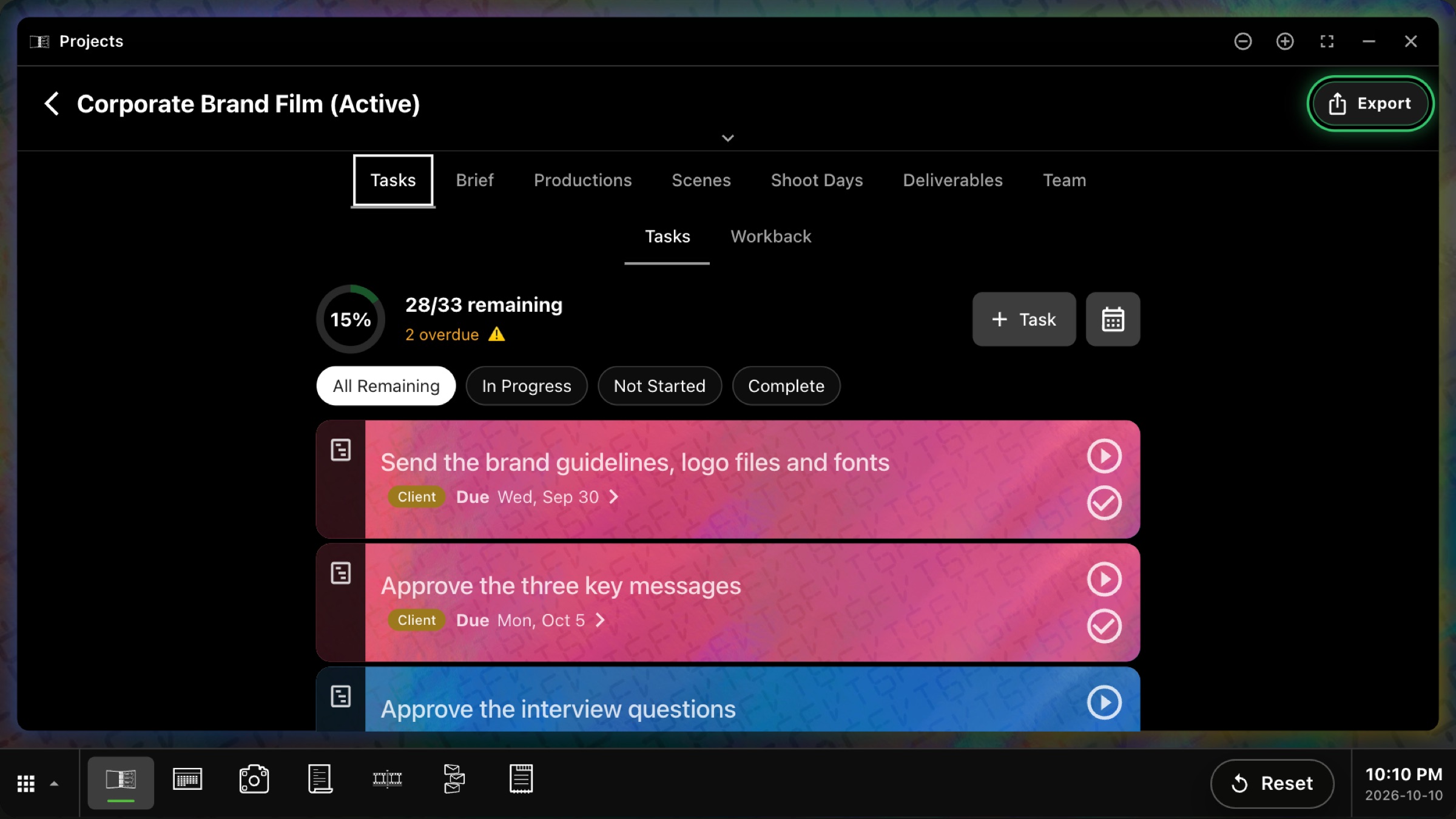 The Project Binder on a desktop, holding a job's brief, schedule, call sheet, scenes, and deliverables in one place