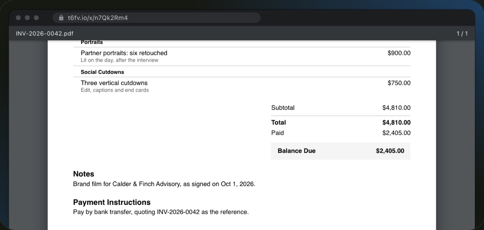 Your client's link with the quote they signed and its invoice, ready to download as a PDF