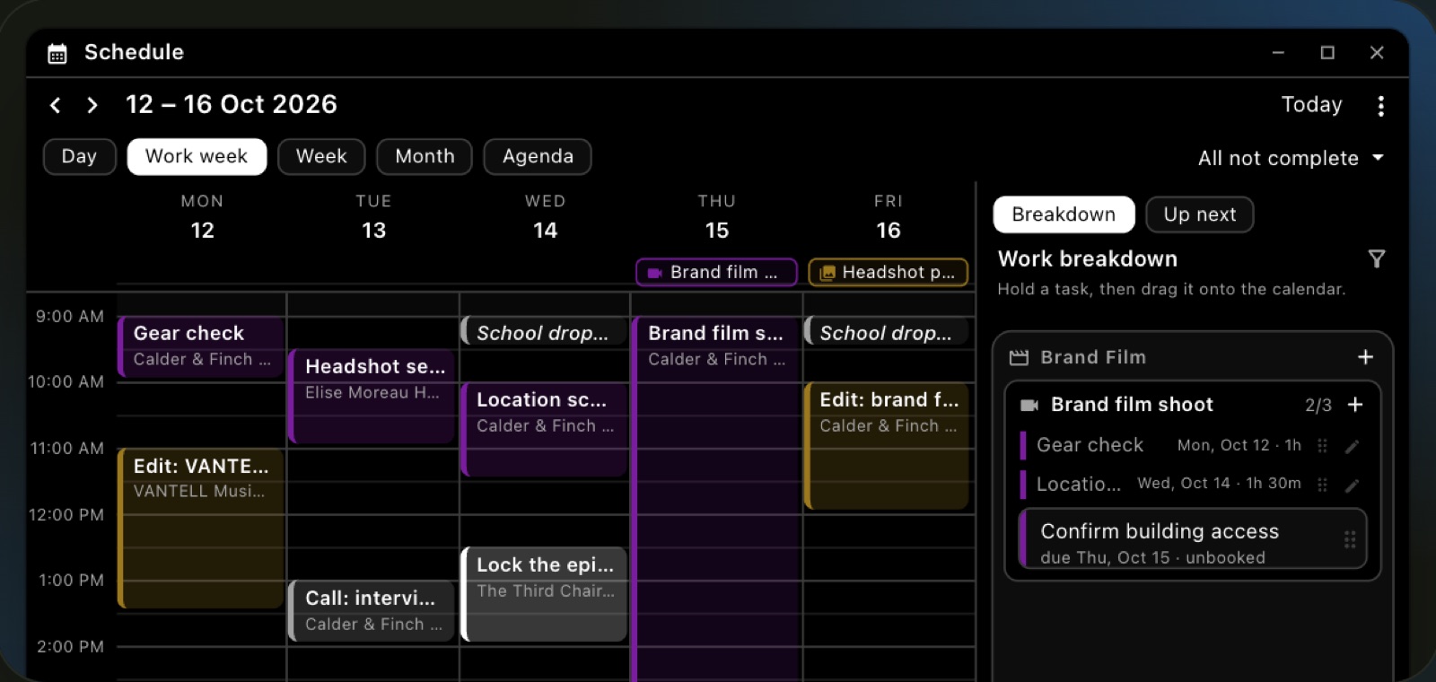 Your work week on the Schedule, with shoots, edits and client calls booked against each job
