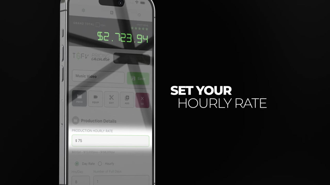 The Pricing Calculator on a phone, pricing a brand film from your rate, your own gear and the edit